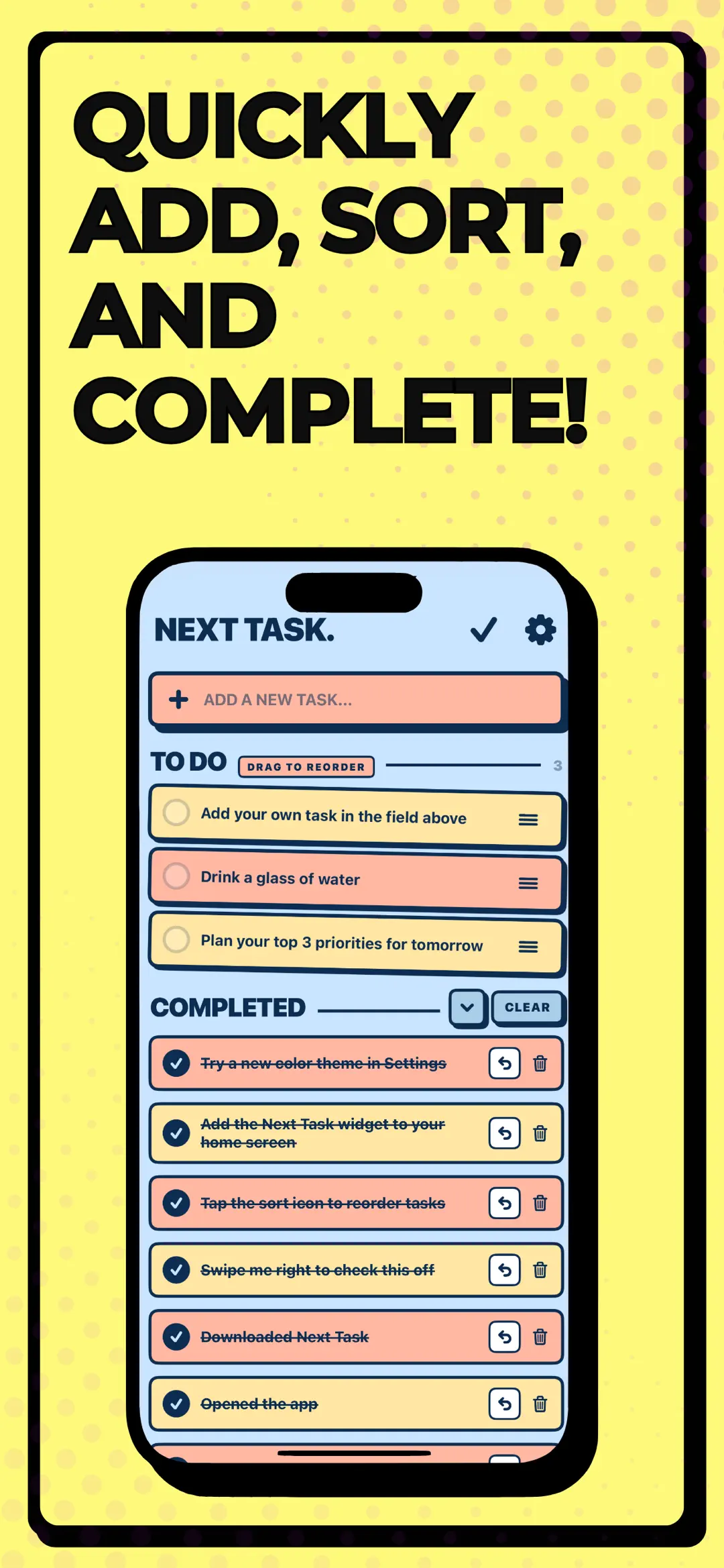 Adding, dragging to reorder and completing tasks
